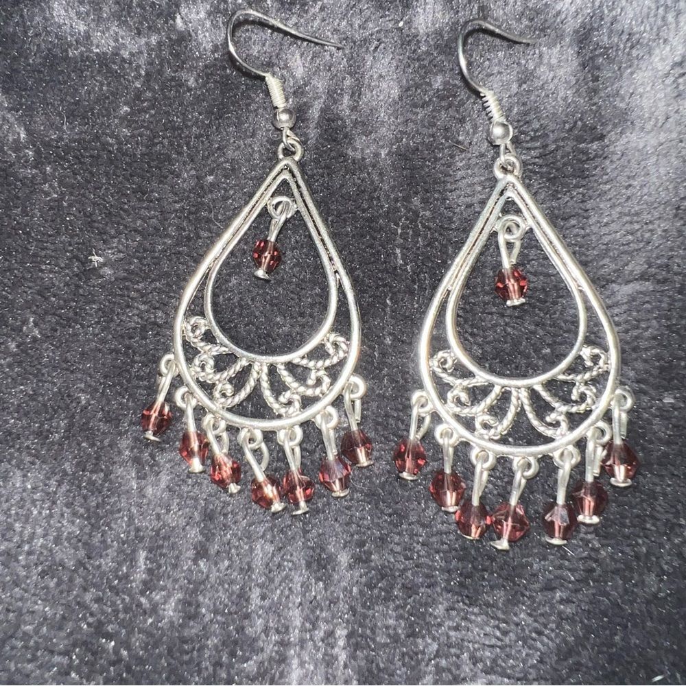 Intricate Silver and Maroon Dangle Earrings